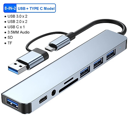 Bộ Chuyển Đổi Hub USB C Hub 8 Trong 1 Type C 3.1 Sang USB 3.0/ Type C/ Đọc Thẻ SD / TF Cho MacBook Notebook Laptop Máy Tính-Hàng Chính Hãng