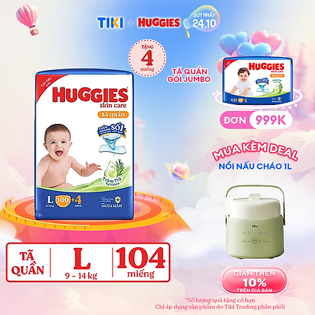 Tã quần Huggies Skin Care Mega Jumbo L100+4 miếng với tràm trà dịu da