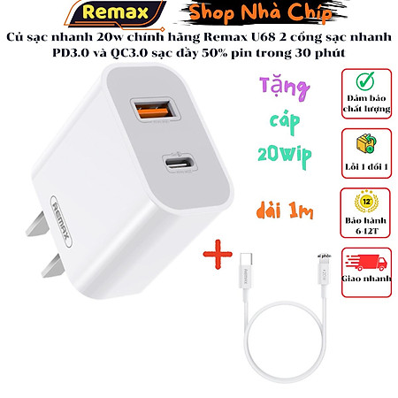 Củ sạc nhanh 20w chính hãng Remax U68 2 cổng sạc nhanh PD3.0 và QC3.0 sạc đầy 50% pin trong 30 phút - Hàng Chính Hãng Remax