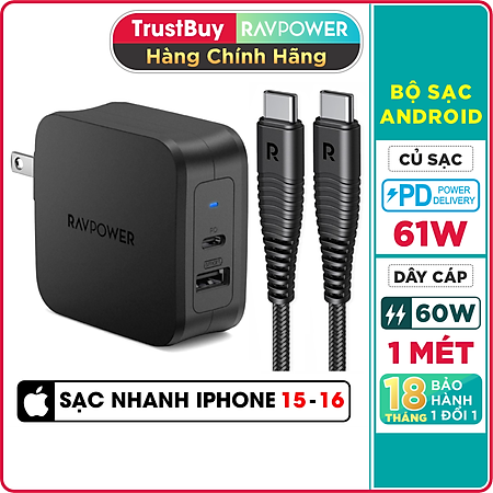 Combo RAVPower Củ Sạc Điện Thoại USB Type-C 61W RP-PC105 + Dây Cáp Sạc Type C to Type C RP-CB047 - Hàng Chính Hãng