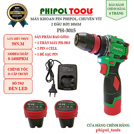 Combo Máy khoan pin chuyên vít 2 đầu rời 10mm có chỉnh tốc PHIPOL TOOLS PH3015 Kèm 2 pin và sạc - Hàng Chính Hãng