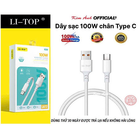Dây sạc LI-TOP LX72 Công suất 100W chân Type C, Kim Ánh cho dùng thử 30 ngày, Kim Ánh bảo Hàng chính hãng 12 tháng