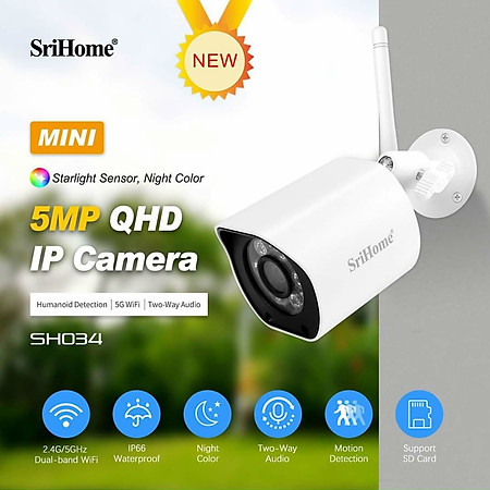 Camera 5MP siêu nét wifi Srihome có màu ban đêm - đàm thoại 2 chiều SH034 Tặng thẻ 64G hàng nhập khẩu