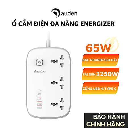 Ổ cắm điện đa năng Energizer tích hợp cổng sạc nhanh Type-C chịu tải lên đến 3500W - Hàng chính hãng