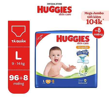 Tã/bỉm quần Huggies Skin Care Mega Jumbo M106/L96+8/XL84+4/XXL76+4 miếng với tràm trà dịu da