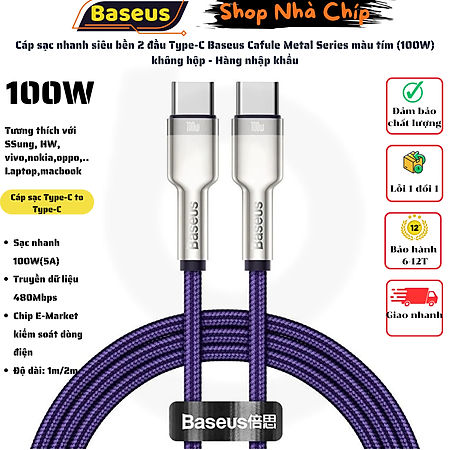 Cáp sạc nhanh siêu bền 2 đầu Type-C Baseus Cafule Metal Series màu tím (100W) không hộp - Hàng nhập khẩu