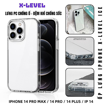 Ốp lưng giảm sốc chống va đập chống ố vàng cho iPhone 14 Pro Max / 14 Pro / 14 Plus / iP 14 hiệu X-level ICE Crystal trang bị đệm khí ẩn bốn góc, Mặt lưng PC chống ố vàng - Hàng chính hãng