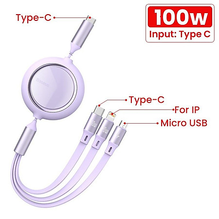 Cáp sạc nhanh Baseus cổng usb 3 trong 1 micro type C 100W - Hàng Chính Hãng