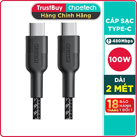Dây Cáp Sạc Type-C to C 100W Dài 2M CHOETECH XCC-1027 Sạc Nhanh Dành Cho Macbook, Laptop, Smartphone, Tablet - Hàng Chính Hãng