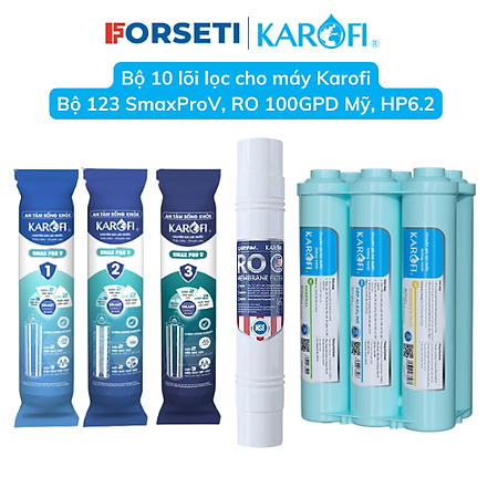 Bộ 10 lõi lọc nước Karofi gồm bộ lõi lọc thô 123 SmaxPro V, màng RO 100 Mỹ và bộ hiệu suất HP6.2 dành cho máy lọc nước Karofi - Hàng chính hãng