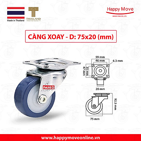 Bánh xe đẩy PU tải nhẹ càng xoay 360 độ - 50-65-75mm - Happy Move Thái Lan