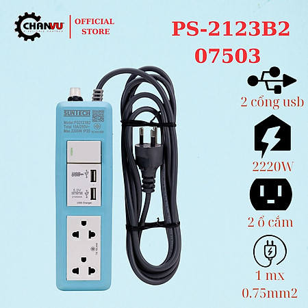 Ổ cắm điện đa năng SUNTECH nhập khẩu Thái Lan, công tắc, 2 cổng USB 3x0.75sq.mm, dây 3m,10Amp 2200W