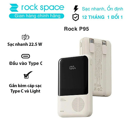 Pin dự phòng sạc nhanh ROCK P95 PD 22.5W 10000mAh có cáp tích hợp , hàng chính hãng bảo hành 1 năm