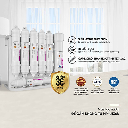Máy lọc nước để gầm 10 lõi lọc, nhỏ gọn bề ngang chỉ 18cm. Hàng chính hãng Mutosi MP-U1368