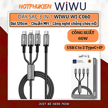 Cáp Sạc Đa Năng 3in1 sạc nhanh 60W USB-C ra 2 cổng Type-C + 1 cổng L cho iPhone / cho iPad hiệu WIWU Starlink - Chống Rối, Siêu Bền, Chip Thông Minh Tích Hợp, Sạc An Toàn - Hàng nhập khẩu