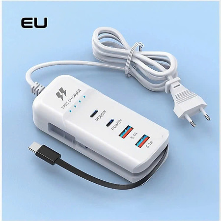 Ổ cắm sạc nhanh điện thoại 4 cổng đa năng 2PD+2USB Type-c kèm dây sạc 66w - Hàng chính hãng