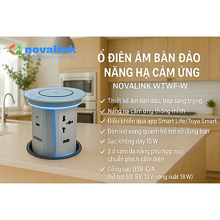Ổ điện âm bàn đảo bếp nâng hạ cảm ứng, điều khiển qua app, tích hợp sạc không dây Novalink WTWF-B. Nhập khẩu chính hãng