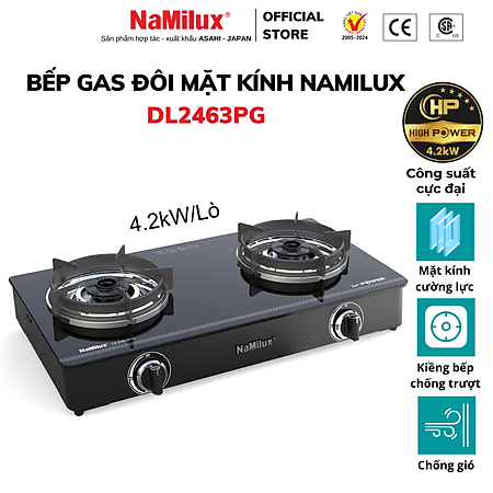 Bếp Gas Đôi Mặt Kính Cao Cấp NaMilux DL2463PG – Công Suất Mạnh 4.2Kw – Kiềng Bếp Tráng Men – Hàng Chính Hãng