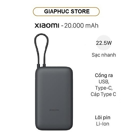 Pin sạc dự phòng Xiaomi 20000mAh 22.5W kèm Cáp Type C - GiaPhucStore | Hàng Chính Hãng