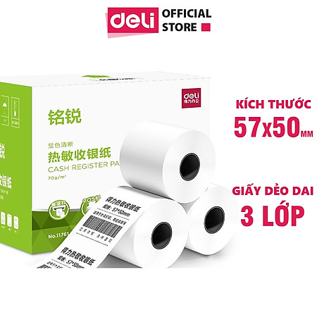 Giấy In Nhiệt K57 phi 30 6m /K57 phi 50 17 m Deli - 3 Lớp Dẻo Dai - In Hóa Đơn Máy Tính Tiền Siêu Thị, Cửa Hàng Tiện Lợi, Mã Vạch, Logo, Báo Giá Không Phai Mực - Hàng Chính Hãng - 11760 / 11761