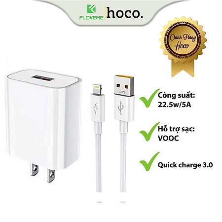 Bộ Sạc Nhanh Dành Cho Hoco DC19 USB To IP, Sạc Nhanh 5A/22.5W, Kèm Dây Dài 1m, Hỗ Trợ Sạc VOOC, Quick Charge 3.0, Hàng Chính Hãng.