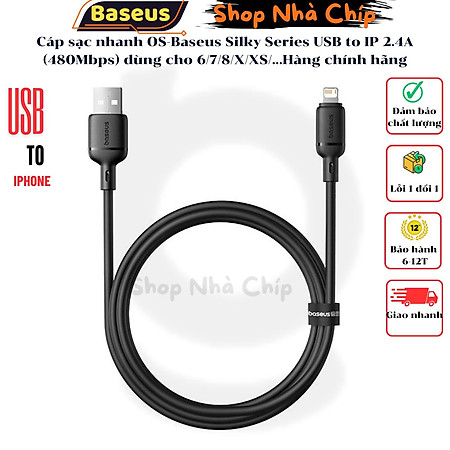 Cáp sạc nhanh OS-Baseus Silky Series USB to IP 2.4A (480Mbps) dùng cho 6/7/8/X/XS/...Hàng chính hãng
