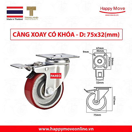 Bánh xe đẩy PU cốt gang càng xoay 360 có khóa 75-100-125mm - Happy Move Thái Lan