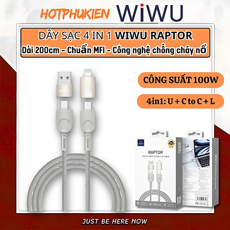 Cáp Sạc Đa Năng 4in1 sạc nhanh 100W dài 200cm USB-C + USB-A ra Type-C + L cho iPhone / cho iPad/ cho Macbook Laptop / Điện thoại thông minh hiệu WIWU Raptor - Chống Rối, Siêu Bền, Chip Thông Minh Tích Hợp, Sạc An Toàn - Hàng nhập khẩu