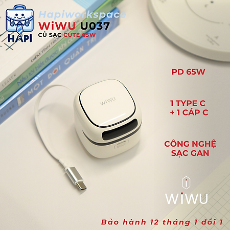 Củ sạc hàng chính hãng WiWU Cute Gan Wi-U037 65W: Kèm cáp Type-C 70cm thu gọn, sạc nhanh điện thoại, laptop