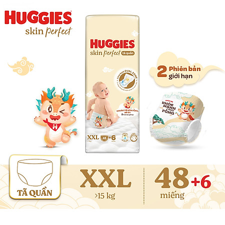 Tã quần Huggies Skin Perfect phiên bản Rồng giới hạn Super Jumbo XXL48+6 miếng với 2 vùng thấm giảm kích ứng da
