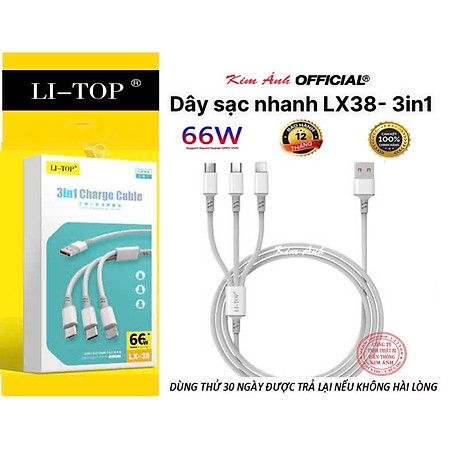 Dây sạc nhanh LI-TOP LX38 3IN1, đa năng 3 chân cắm IOS, MICRO, TYPE C, công suất 66W, Kim Ánh cho dùng thử 30 ngày, bảo hành hàng chính hãng 12 tháng