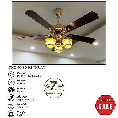 Siêu Sales QUẠT TRẦN AZP- 5 CÁNH GỖ, CÔNG XUẤT 50W, CÓ REMOTE- Hàng Nhập Khẩu