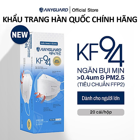Khẩu Trang Y Tế Hàn Quốc KF94 Chính Hãng ANYGUARD Tiêu Chuẩn kháng bụi Châu Âu FFP2 Lọc 94% Bụi Mịn tới PM2.5, 4 Lớp Ngăn 99% Vi Khuẩn, An Toàn Cho Da Nhạy Cảm (Hộp 20 Chiếc)