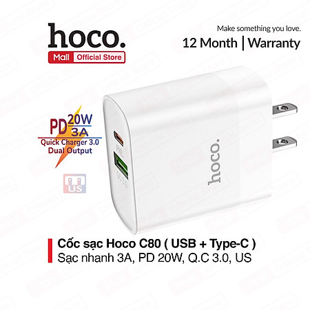 Củ Sạc Nhanh Cho Iphone Hoco C80 - Hỗ trợ sạc nhanh 20W PD QC3.0 - Hàng Chính Hãng