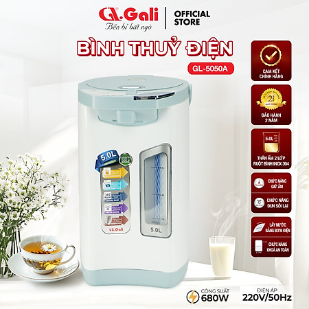 Bình Thuỷ Điện Gali GL-5050A Dung tích 5L nhỏ gọn, Thân bằng nhựa nguyên sinh cao cấp, lòng trong bằng Inox 304 dày chất lượng. Hàng chính hãng chất lượng cao bảo hành 24 tháng.