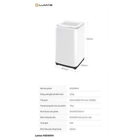 Máy giặt mini chức năng giặt nhiệt độ cao Lumias WS040WH Hàng chính hãng