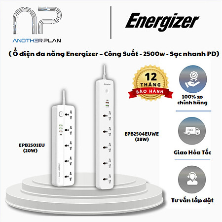 Ổ điện đa năng Energizer 5AC kèm 3USB-A và 1USB-C sạc nhanh PD 20W 38W, tải 2500W - BH 12 tháng