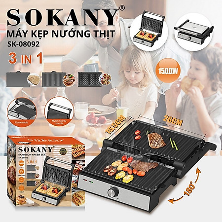Máy kẹp nướng đa năng 3IN1 SOKANY SK-08092 công suất cao 1500W, bộ 3 khay nướng đa năng, tháo lắp dễ dàng vệ sinh - HÀNG CHÍNH HÃNG - DELIYA