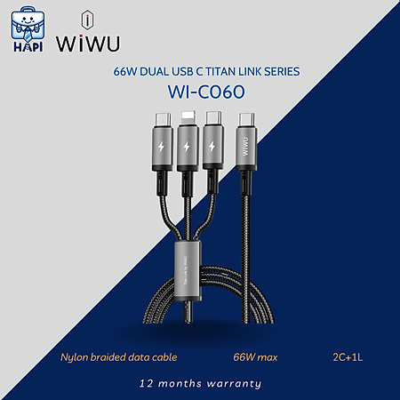 Cáp sạc hàng chính hãng WiWU Titanlink 3 trong 1 Wi-C060: Công suất 60W, tích hợp 2 Type-C, 1 L, sạc đa năng