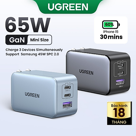 Củ Sạc Nhanh UGREEN GaN 65W - Công Nghệ PD3.0/PD2.0 + QC4/QC3.0/QC2.0 + PPS/SCP/AFC - Tương Thích Nhiều Thiết Bị Laptop/MacBook/i.Pad/i.Phone 15 14 13 Pro Max/Sam.sung S24 S23 Ultra - Hàng Chính Hãng