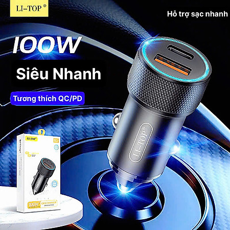 Củ sạc xe hơi Li-Top QC22 công suất 100W sạc siêu nhanh phù hợp các loại ô tô, có QR check hàng chính hãng