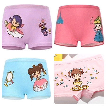 Bộ 4 quần chip đùi cho bé gái, vải cotton, 4 quần hình ảnh bé gái, công chúa khác nhau.