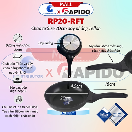 Chảo Từ Rapido Size 28cm Đáy Phẳng Teflon RP28-RFT - RP20-RFT (Size 20cm, Đáy Phẳng) - RP24-RDT (Size 24cm, Đáy Chấm) - Hàng Chính Hãng - Chịu Nhiệt Lên Tới 500 Độ C