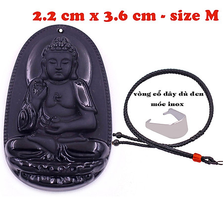 Mặt Phật A di đà đá thạch anh đen 3.6 cm kèm vòng cổ dây dù đen - mặt dây chuyền size M, Mặt Phật bản mệnh