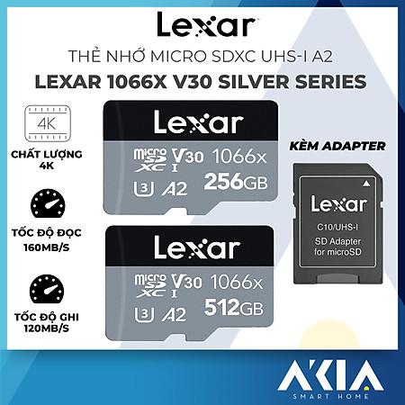 Thẻ nhớ microSDXC 64GB/ 128GB/ 256GB/ 512GB Lexar 1066x UHS-I A2 SILVER Series, chất lượng 4K, đọc 160Mb/s, ghi 120Mb/s - Hàng chính hãng