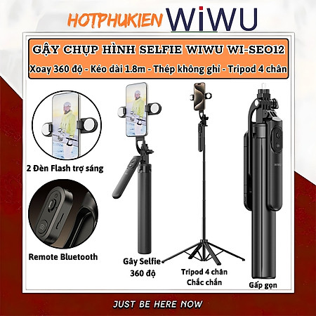 Gậy chụp ảnh selfie tự sướng kiêm tripod 4 chân khung nhôm, đèn Flash trợ sáng hiệu WlWU Wi-SEO12 - Tích hợp remote control bluetooth, Xoay 360 độ, thân nhôm, kéo dài 1,8m, chắc chắn, bền bỉ, gập gọn, pin sạc type C cho iPhone Oppo Samsung- Hàng nhập khẩu