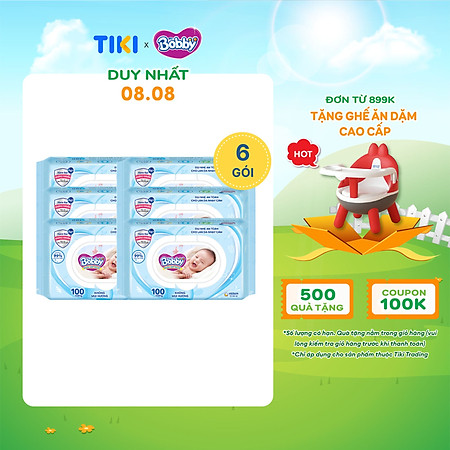 Combo Tiết Kiệm: 6 Gói Khăn Ướt Bobby Care Không Hương 100 Miếng/Gói