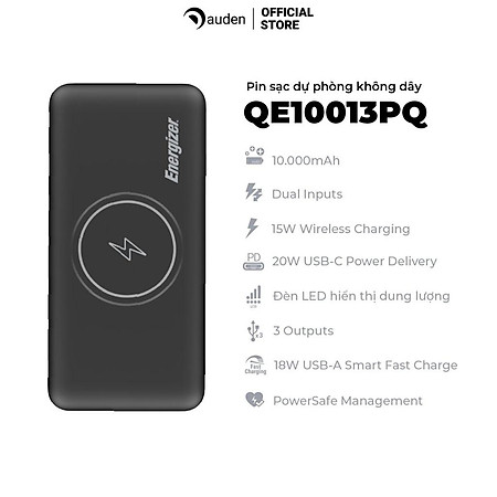 Sạc dự phòng Energizer QE10013PQ - Tích hợp sạc nhanh không dây - Hàng chính hãng
