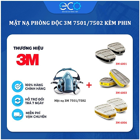 Mặt nạ phòng độc, chống hóa chất 3M 7501/7502 + phin lọc 3M 6001/6003/6006 phun sơn, phun thuốc trừ sâu