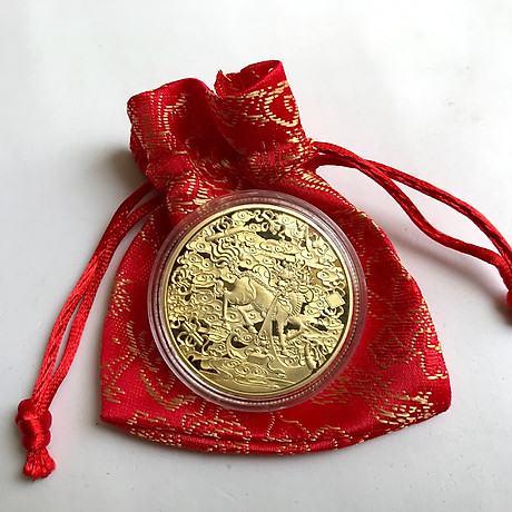 Đồng xu con kỳ lân màu vàng - tặng kèm túi gấm đỏ - quà tặng dành cho dịp tết canh tý 2020 - tmt collection 6